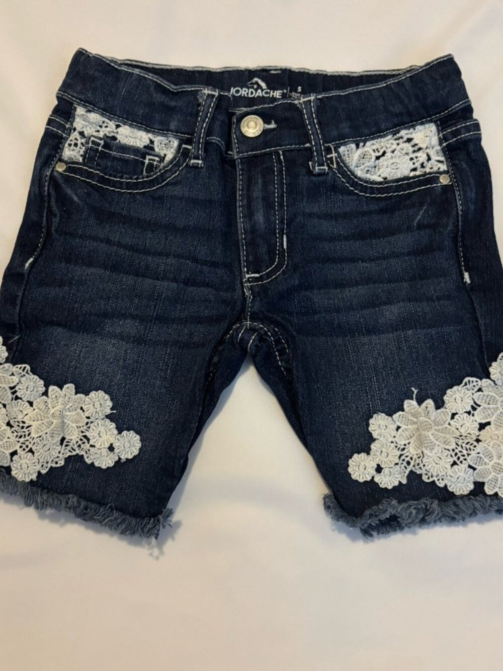 Girls Jordache Denim Blue Jeans Shorts Floral Lace Size 5 with Pockets Zip Fly